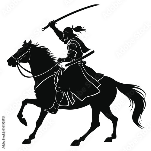 Silhouette of Samurai Riding Horse with Sword Raised in Victory, Black and White Design