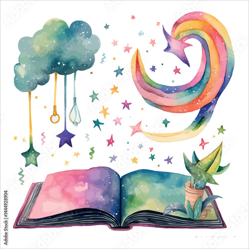 Open book with rainbow and butterflies in a colorful floral design