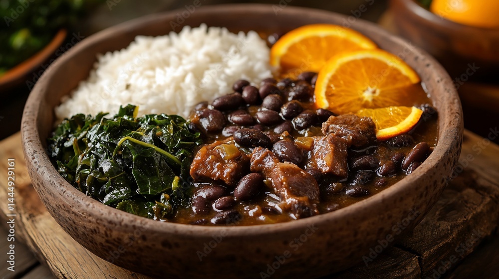 Hearty bowl with beans, rice, greens, orange slices on rustic wooden background Hearty bowl with beans, rice, greens, orange slices on rustic wooden background