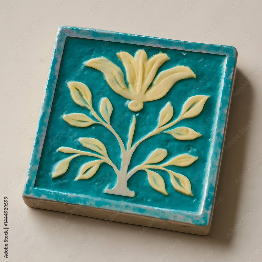 Raised floral design on a square tile with a teal background and light yellow botanical elements