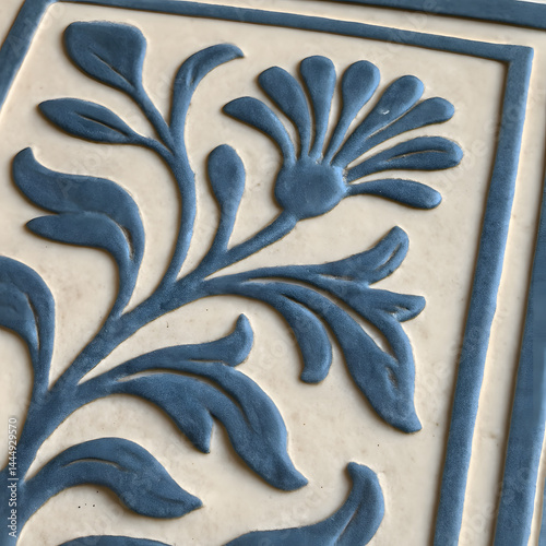 Obraz na płótnie Embossed tile fragment featuring a stylized blue floral and leaf design on a light beige surface w salonie