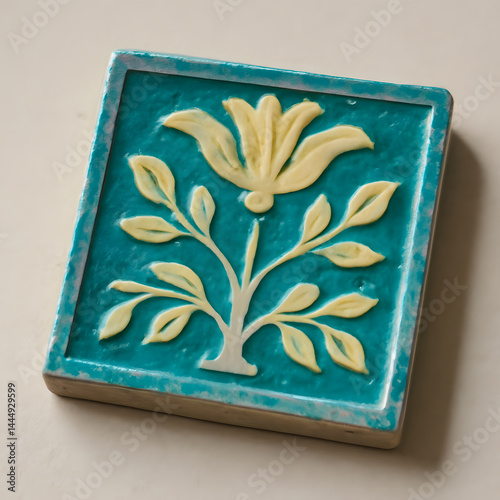Obraz na płótnie Raised floral design on a square tile with a teal background and light yellow botanical elements w salonie
