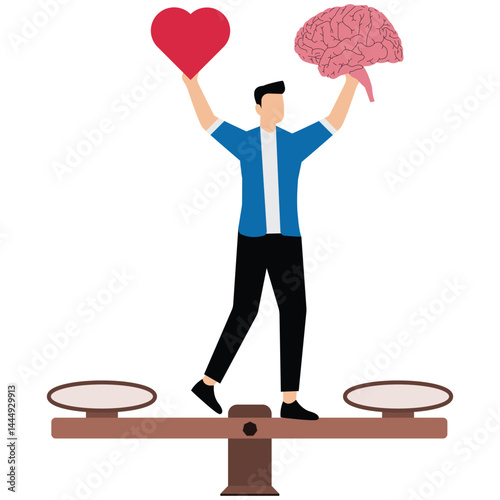 Businessman balancing between brain and heart on scale