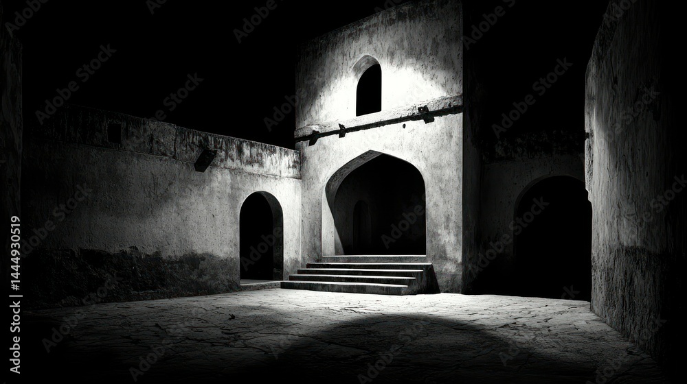 Fototapeta premium An architectural interior featuring arched doorways with steps and dim light