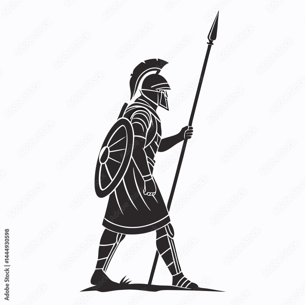Fototapeta premium Silhouette of Greek Warrior Marching with Spear and Shield | Ancient Black Design