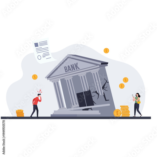Illustration in flat art style depicting a banking collapse, bank in, financial crisis, or bankruptcy issue.