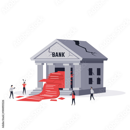 Banking collapse or financial crisis problem and file error, mistake bank concept flat art vector illustration.
