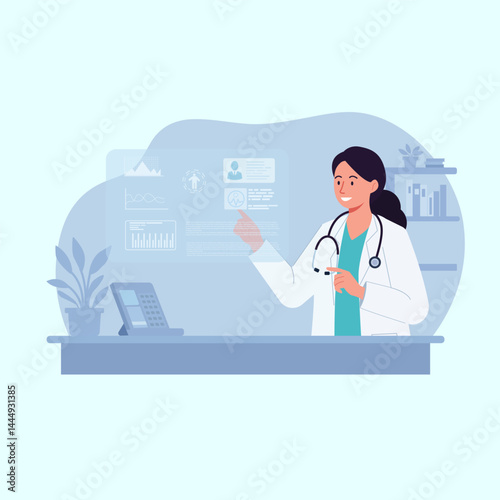 The female doctor is performing a scan using technology. 2d Flat art vector illustration
