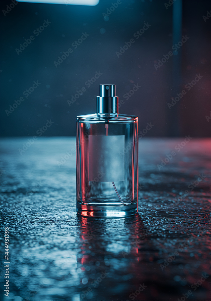Empty perfume bottle on a reflective surface, vibrant lighting Empty perfume bottle on a reflective surface, vibrant lighting