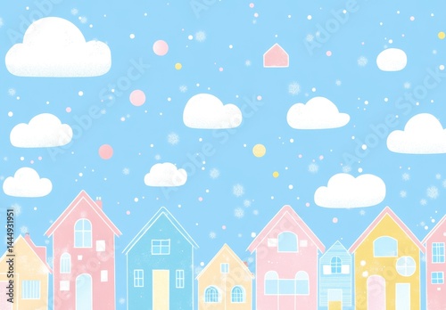 Pastel-colored houses, clouds, and snow.  A whimsical winter scene