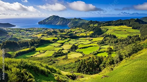 Picturesque Terceira Island Landscape: Lush Green Fields and Coastal Views