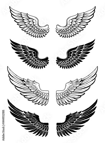 editable wings vector, wings angle, black and white, hawk eagle wings, bird wing, feather. Illustration silhouette art of angel wings set for t-shirt elements, coloring page vector