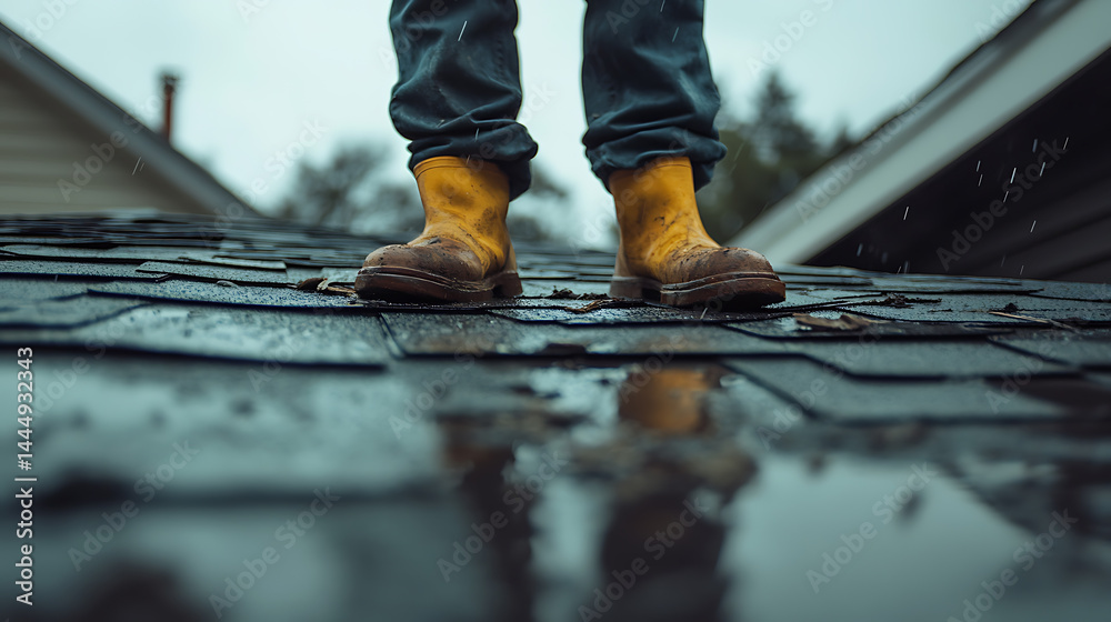 Person in Yellow Boots Standing on Wet Roof
