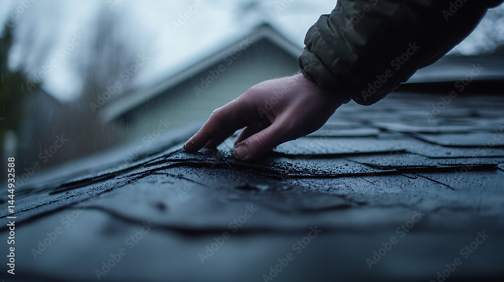 Obraz premium Hand Inspecting Wet Roof Shingles