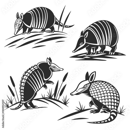 Armadillo Silhouettes Monochrome Mammals in Varied Poses, Isolated on White Background
