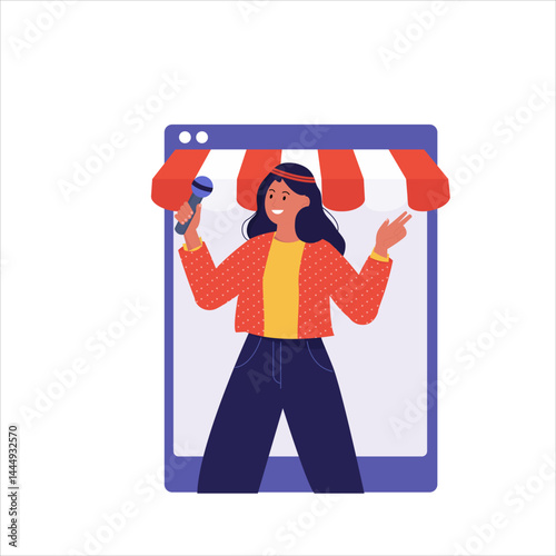A woman comes up with a live concert on social media. 2d Flat art vector illustration