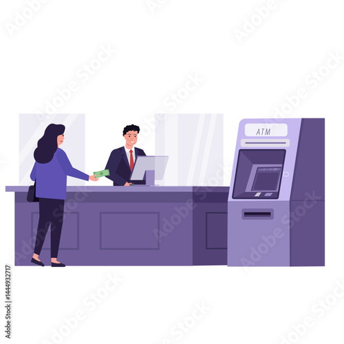 Cash deposit in the bank without an ATM concept. 2d Flat art vector illustration