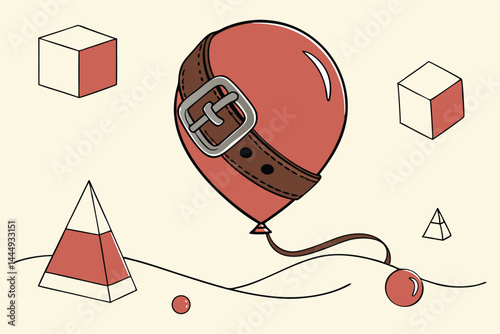 10 Red balloon, brown leather belt, metallic buckle, quirky character design, floating object, minimalist, surreal art, glossy surface, string attached, 3D render, whimsical, conceptual art, pop art i