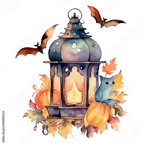 Orange halloween pumpkin with lantern under spooky moonlit night silhouette