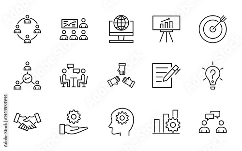 A set of line icons representing various business and management concepts such as teamwork, presentation, analysis, goals, communication, and strategy. Editable strokes