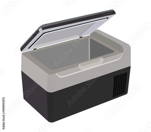 Modern portable refrigerator with an open lid and side vent design illustration