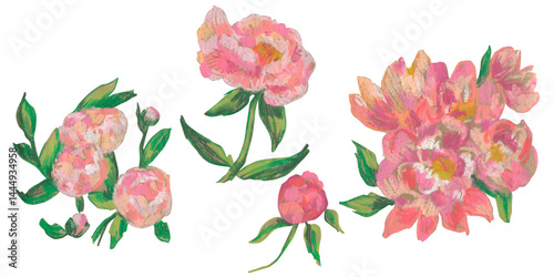 Spring clip art of peony flowers drawn with wax crayons on white isolated background. Children's botanical collection of oil pastel illustrations. Designs for greeting cards, stickers, posters.
