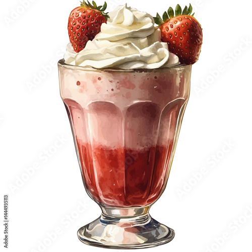 Chilled Strawberry Milkshake With Whipped Cream, vector watercolor illustration, isolated on a white background.