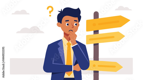 Choosing between 2 choices, make decision to the left or right, thinking in difficult situation, confusion concept, businessman thinking with question mark choose between 2 direction with copy space.