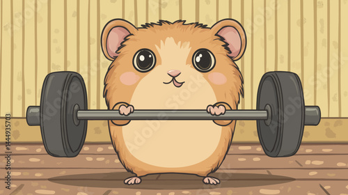 A cartoon hamster is depicted lifting weights in a vibrant gym, showcasing the rodent's strength and determination in a humorous illustration