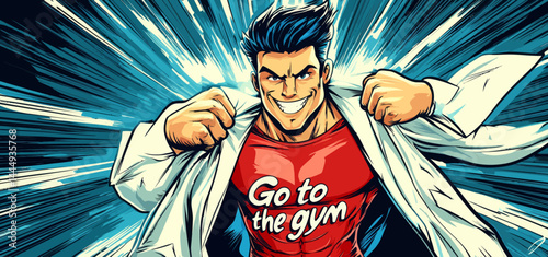 Visit the gym, accompanied by motivational lettering that inspires, as seen in a sport and fitness bodybuilding banner, created in a modern comic pop art style