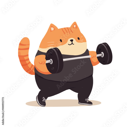 A fat cat engages in sports training and a heavy cat works out in the gym, lifting dumbbells, as it exercises to lose weight in a fitness regimen, shown in a modern before-and-after illustration