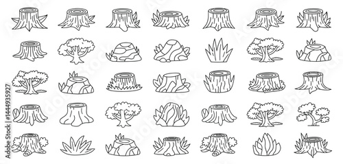 Tree Stump and Tree Icons Line Art Illustrations
