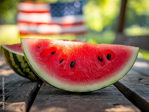 Watermelon Slice on Wooden Table with Blurred American Flag in Background - Photo