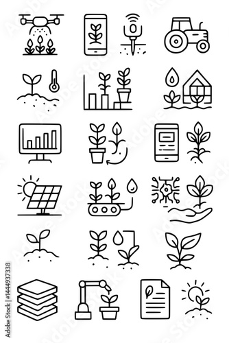 Smart Agriculture Icons. smart agriculture, farming, technology, drone, smartphone, sensor, tractor, plant, soil, temperature, chart, greenhouse, water, drop, computer, solar panel, automation, hand, 