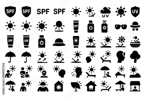 Sun Protection Icons.sun protection, SPF, UV, sun, shield, cloud, sunscreen, bottle, hat, sunglasses, shade, umbrella, beach, sand, tree, chair, relaxation, exposure, safety, rays, family, child, pare