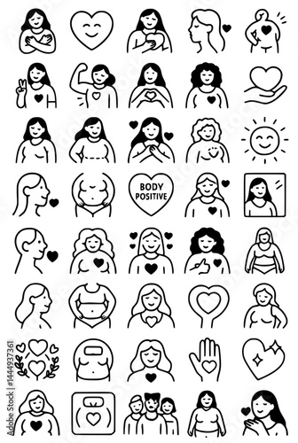 Body Positivity Icons. body positivity, self-love, confidence, acceptance, heart, empowerment, diversity, self-care, strength, peace, happiness, sun, smile, embrace, inclusion, love, support, mirror, 
