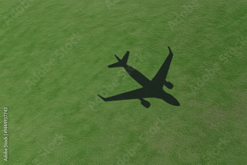 Shadow of a large jetliner on a grassy field  A dark silhouette of an airplane casts a shadow on a vibrant green field, creating a striking visual 