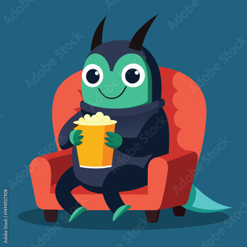 Explore a whimsical illustration of a cute horn beetle character happily watching a movie, perfect for imaginative and playful designs that blend insect charm with entertainment.
