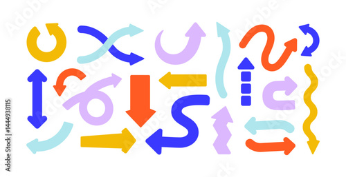 Arrows set. Curved pointers pointing and showing movements, actions. Point symbols, twisted design elements for ui, refresh, reload and shuffle. Flat vector illustration isolated on white background