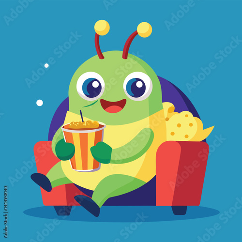 Explore a whimsical illustration of a cute horn beetle character happily watching a movie, perfect for imaginative and playful designs that blend insect charm with entertainment.
