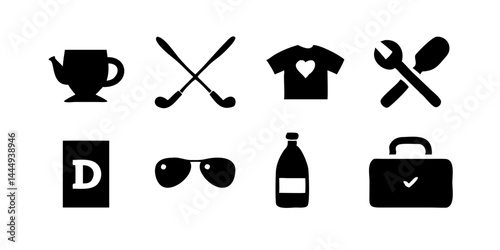 Conjunto de íconos con temática del Día del Padre que incluye corbata, caja de herramientas, bigote, parrilla, trofeo, taza de papá, reloj de pulsera y caña de pescar para uso digital e impreso.