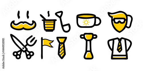Conjunto de íconos con temática del Día del Padre que incluye corbata, caja de herramientas, bigote, parrilla, trofeo, taza de papá, reloj de pulsera y caña de pescar para uso digital e impreso.