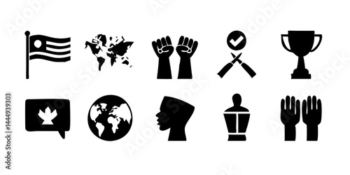 Silohette Of Black History Month icon set featuring raised fist, African continent, unity hands, freedom flag, drum, heritage symbols, cultural mask, and breaking chains