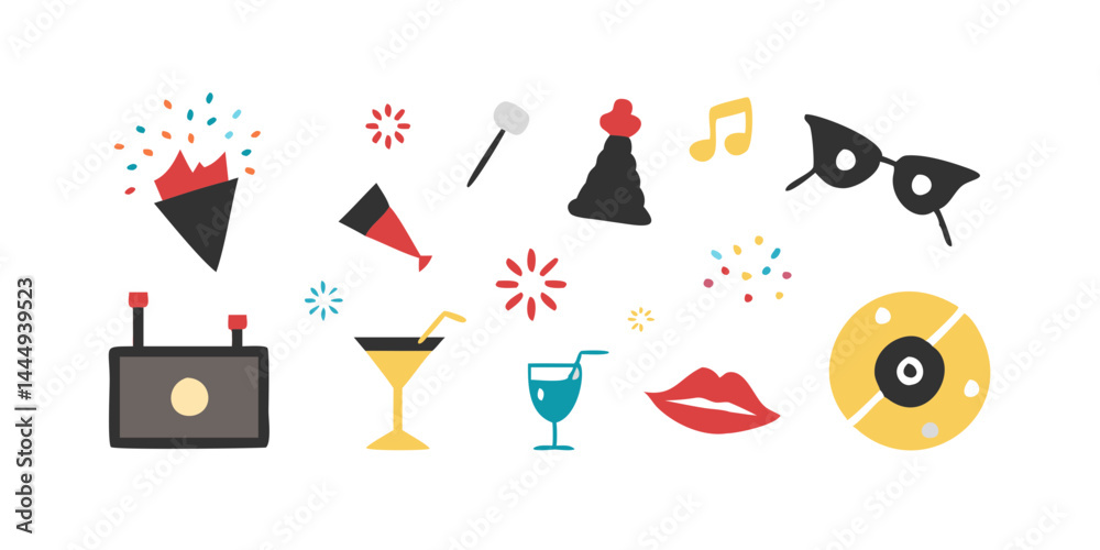 Colección de iconos de la fiesta de Nochevieja con elementos festivos de celebración.