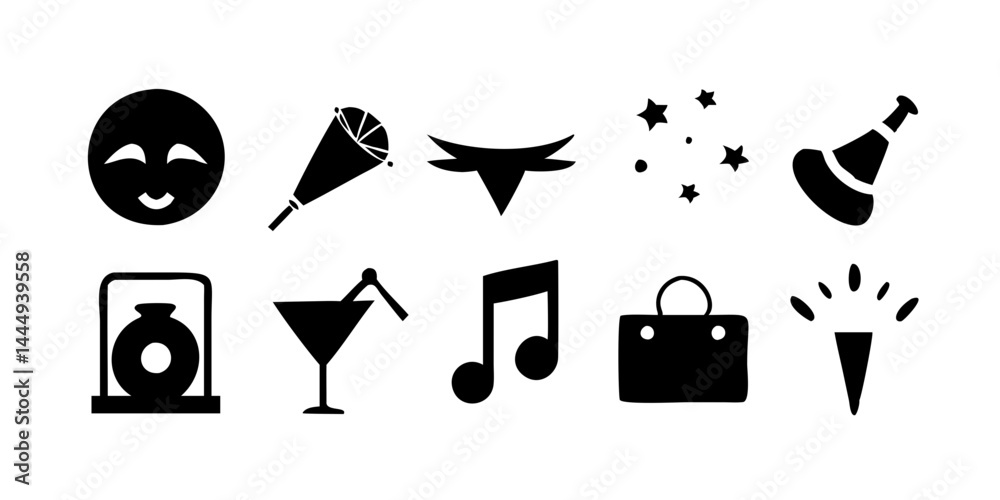 Colección de iconos de la fiesta de Nochevieja con elementos festivos de celebración.