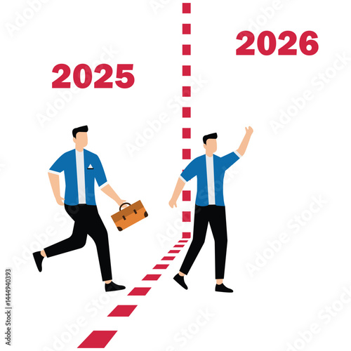 New year idea concept, business team walking from the year 2025 to the new year 2026