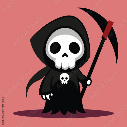 Discover an adorable illustration of a cute Grim Reaper holding a scythe, blending dark elements with charm for a unique and playful design.
