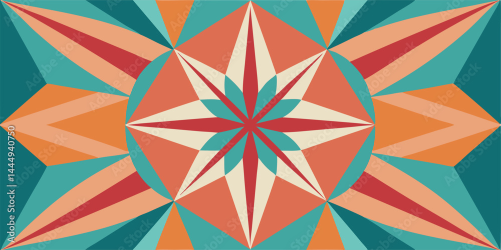 Geometric Mandala Pattern, Teal Orange Red Geometric Mandala Pattern, Teal Orange Red