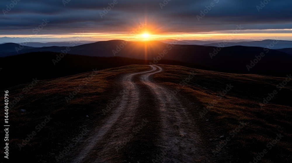 Fototapeta premium Mountain sunset, winding dirt road