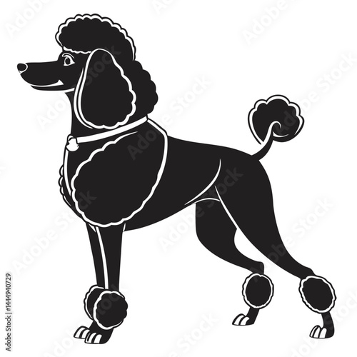 Elegant Black Poodle Silhouette, Standing Profile View, with White Outline on White Background